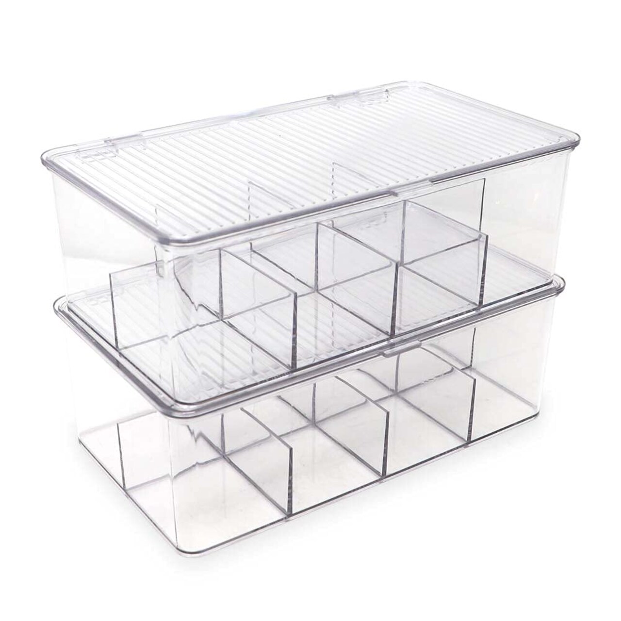 Divided Clear Plastic Organizer (10.75” x 6.5” x 3.7”) w/Hinged Lid, Stackable Storage Box for Tea Bags, Crafts, Office Supplies, Cosmetics, Jewelry, BPA-Free, Food Safe Pantry Container